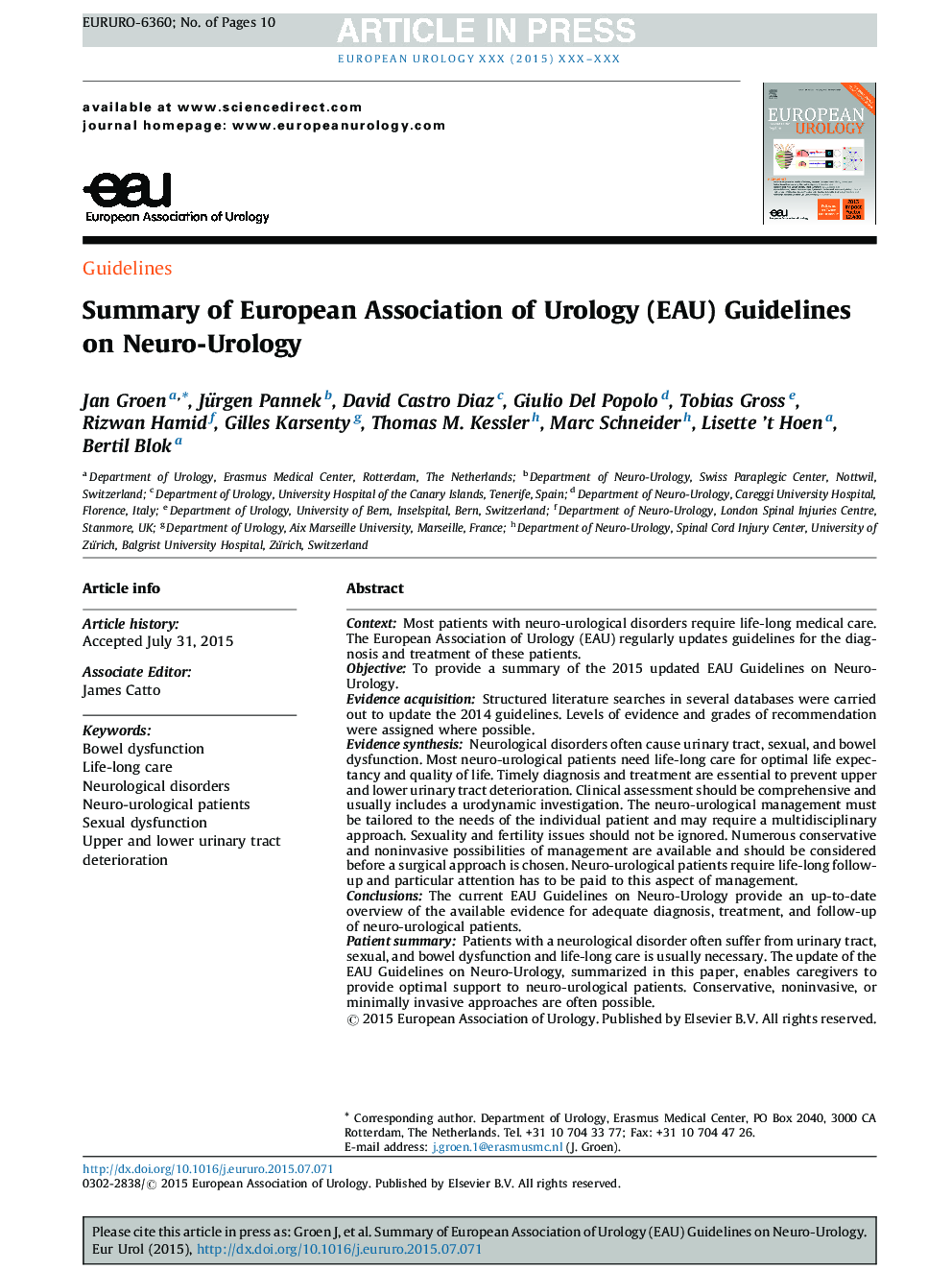 Summary of European Association of Urology (EAU) Guidelines on Neuro-Urology