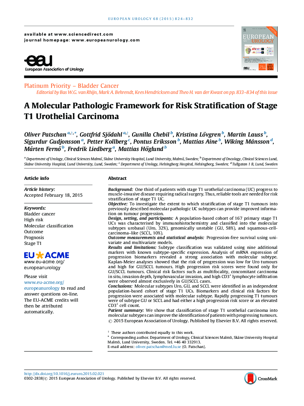 A Molecular Pathologic Framework for Risk Stratification of Stage T1 Urothelial Carcinoma