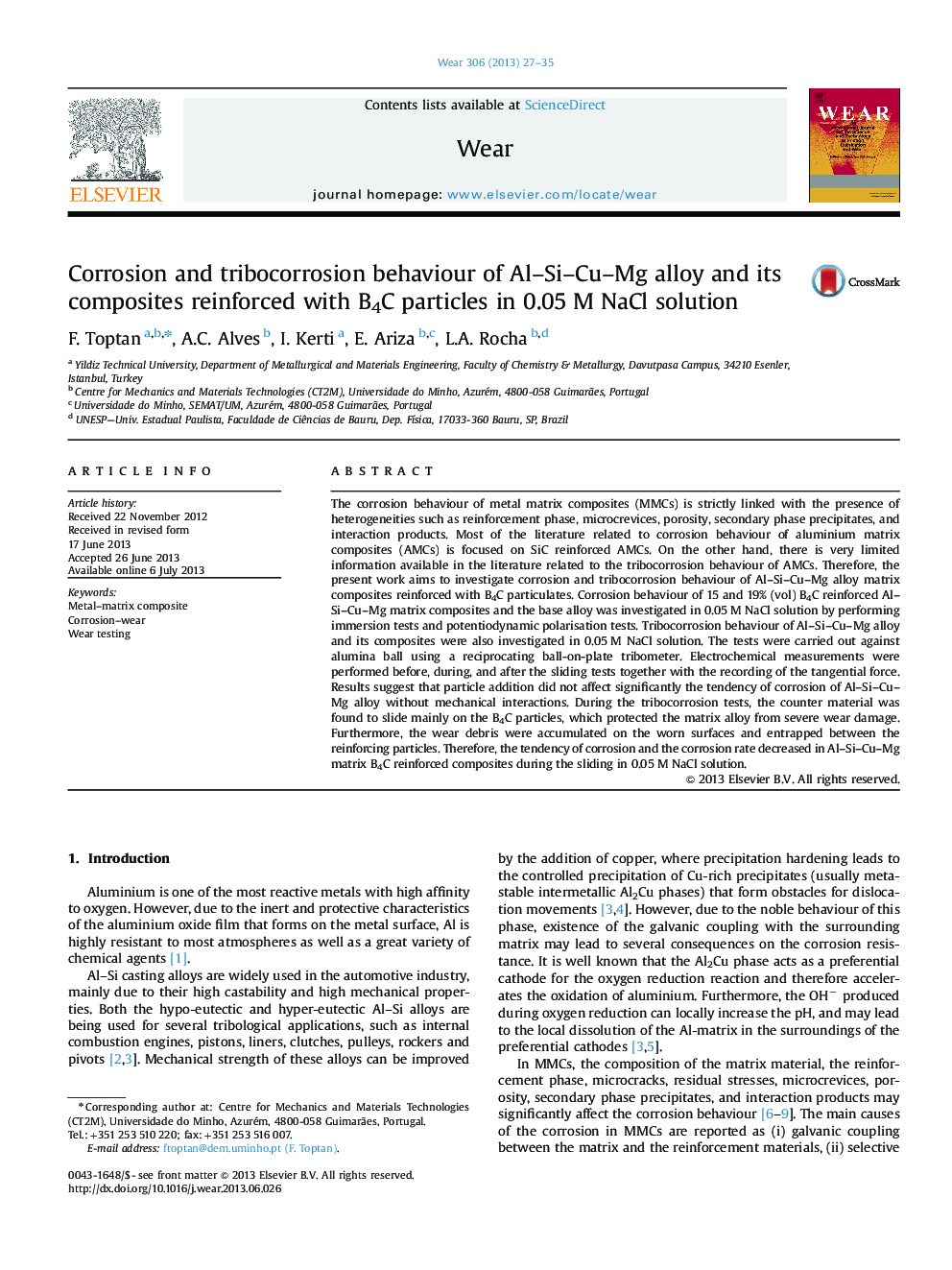 Corrosion and tribocorrosion behaviour of Al-Si-Cu-Mg alloy and its composites reinforced with B4C particles in 0.05Â M NaCl solution