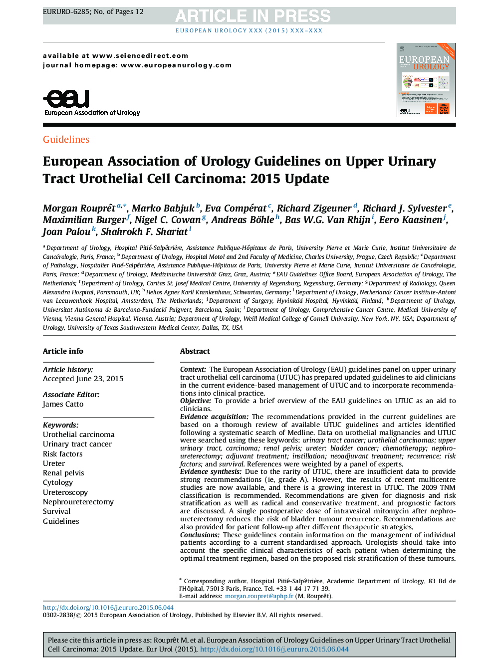 European Association of Urology Guidelines on Upper Urinary Tract Urothelial Cell Carcinoma: 2015 Update