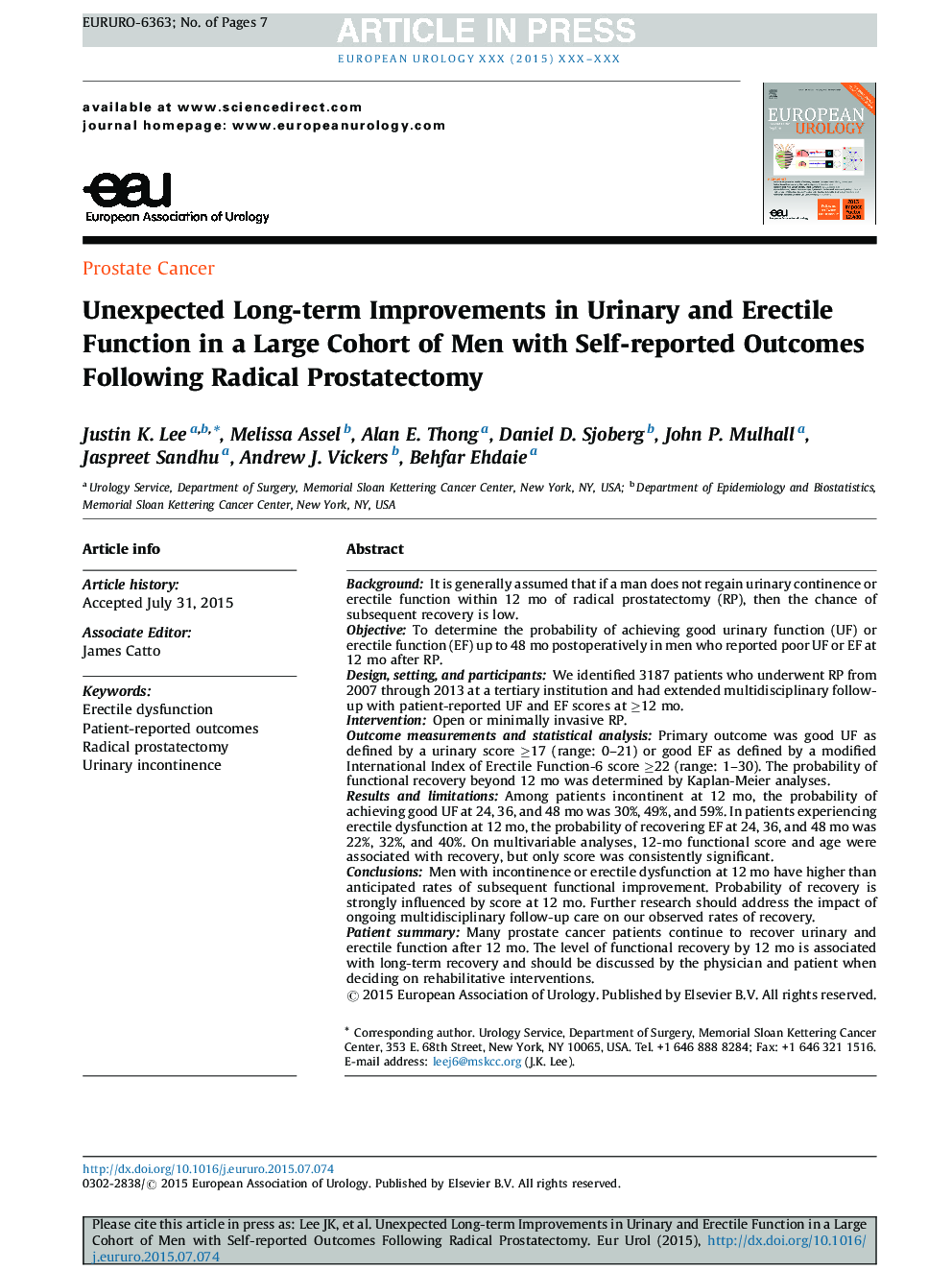 Unexpected Long-term Improvements in Urinary and Erectile Function in a Large Cohort of Men with Self-reported Outcomes Following Radical Prostatectomy