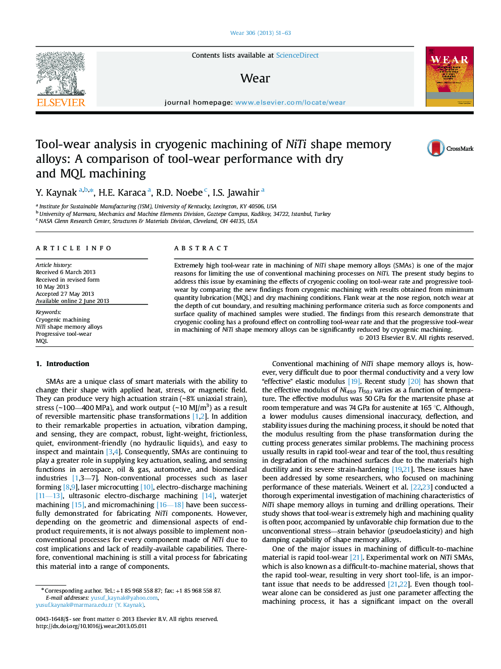 Tool-wear analysis in cryogenic machining of NiTi shape memory alloys: A comparison of tool-wear performance with dry and MQL machining