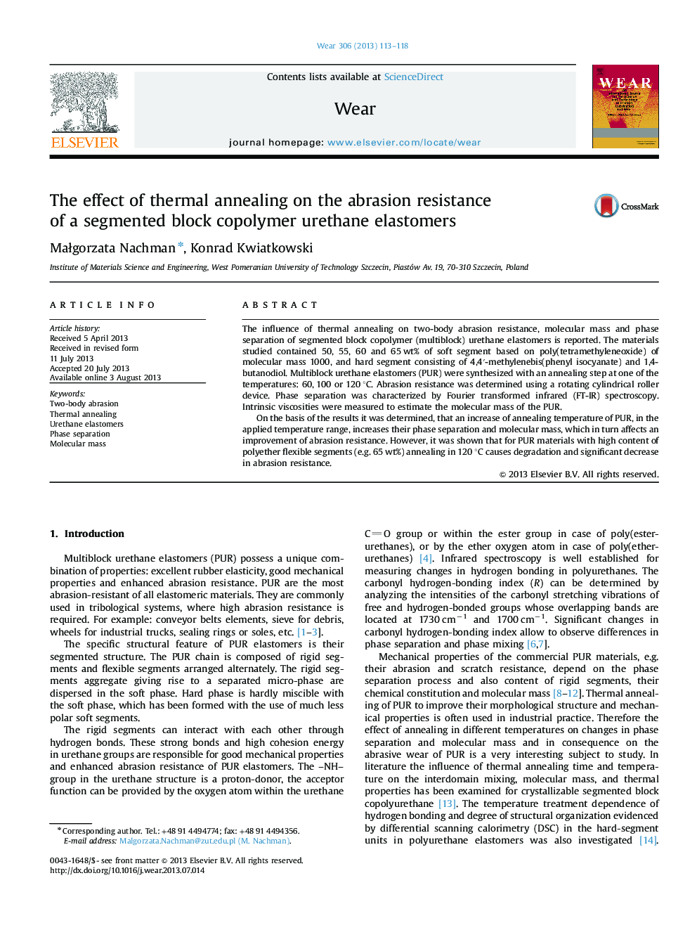 The effect of thermal annealing on the abrasion resistance of a segmented block copolymer urethane elastomers