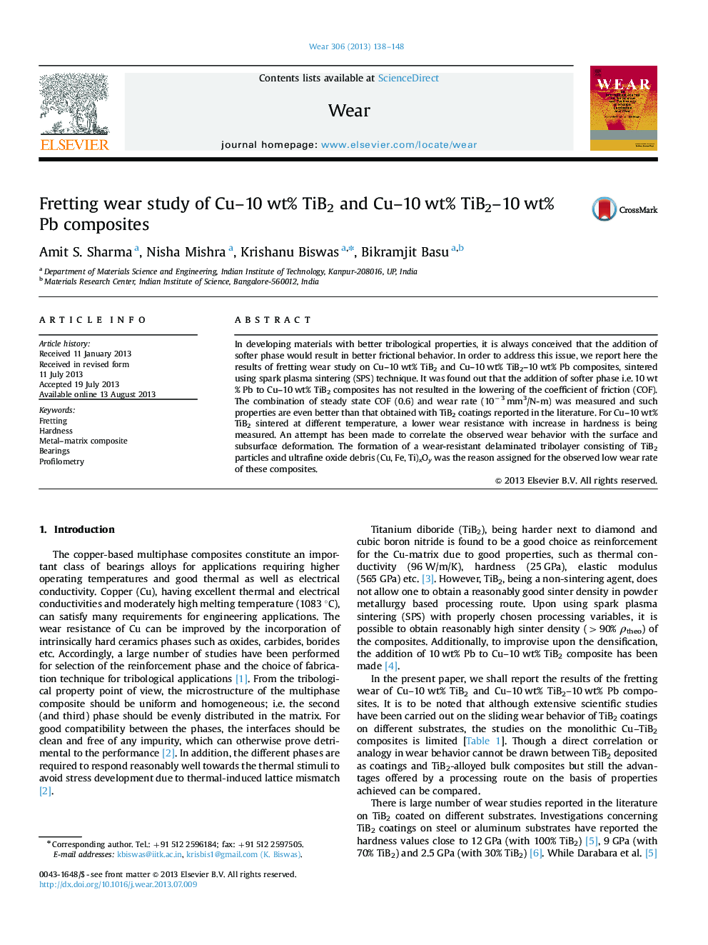 Fretting wear study of Cu-10Â wt% TiB2 and Cu-10Â wt% TiB2-10Â wt% Pb composites