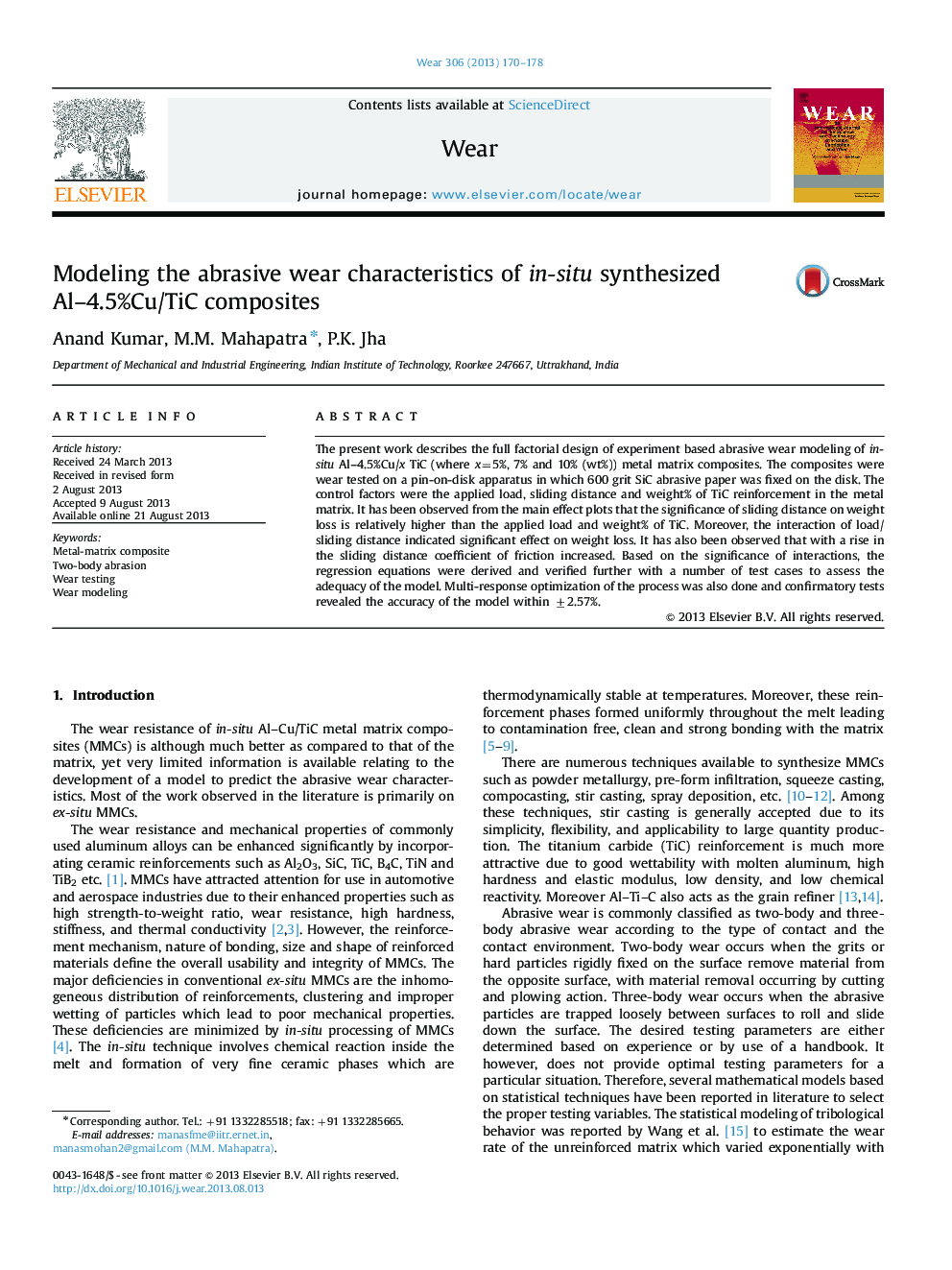 Modeling the abrasive wear characteristics of in-situ synthesized Al–4.5%Cu/TiC composites