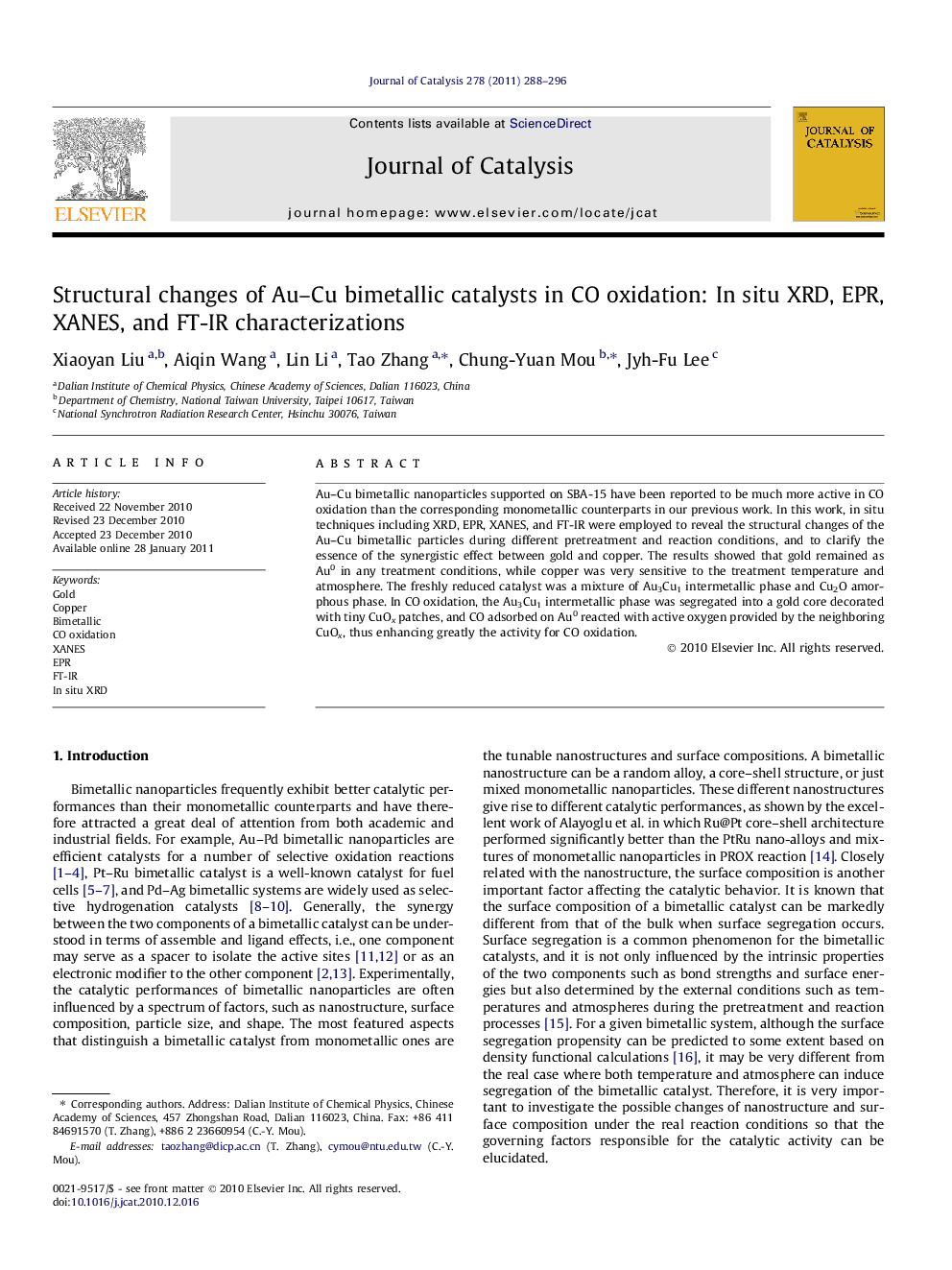 Structural changes of Au–Cu bimetallic catalysts in CO oxidation: In situ XRD, EPR, XANES, and FT-IR characterizations