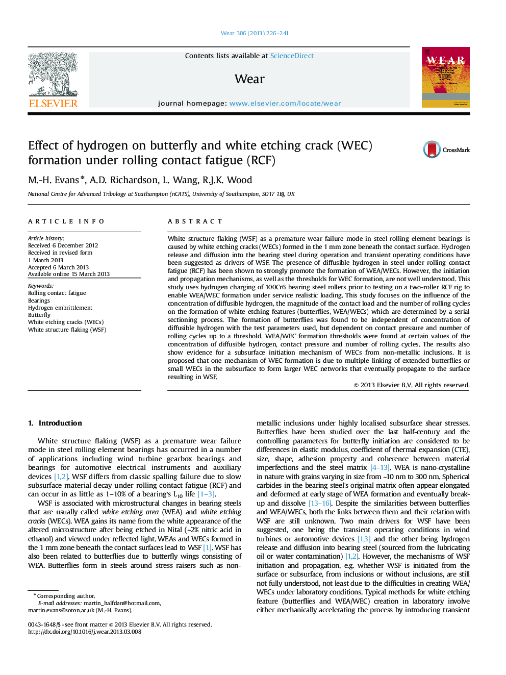 Effect of hydrogen on butterfly and white etching crack (WEC) formation under rolling contact fatigue (RCF)