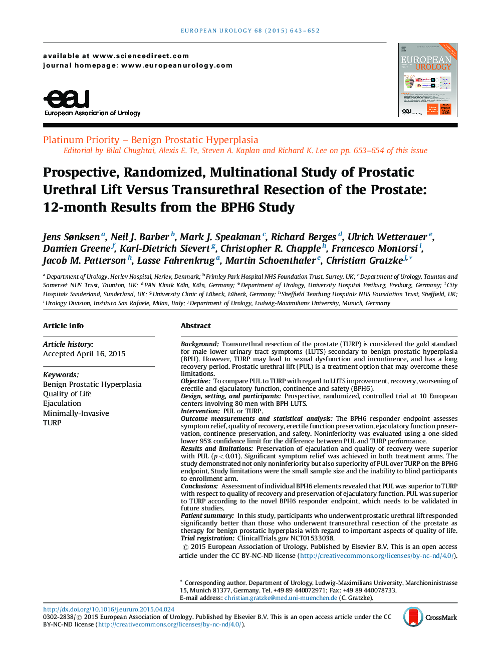 Prospective, Randomized, Multinational Study of Prostatic Urethral Lift Versus Transurethral Resection of the Prostate: 12-month Results from the BPH6 Study