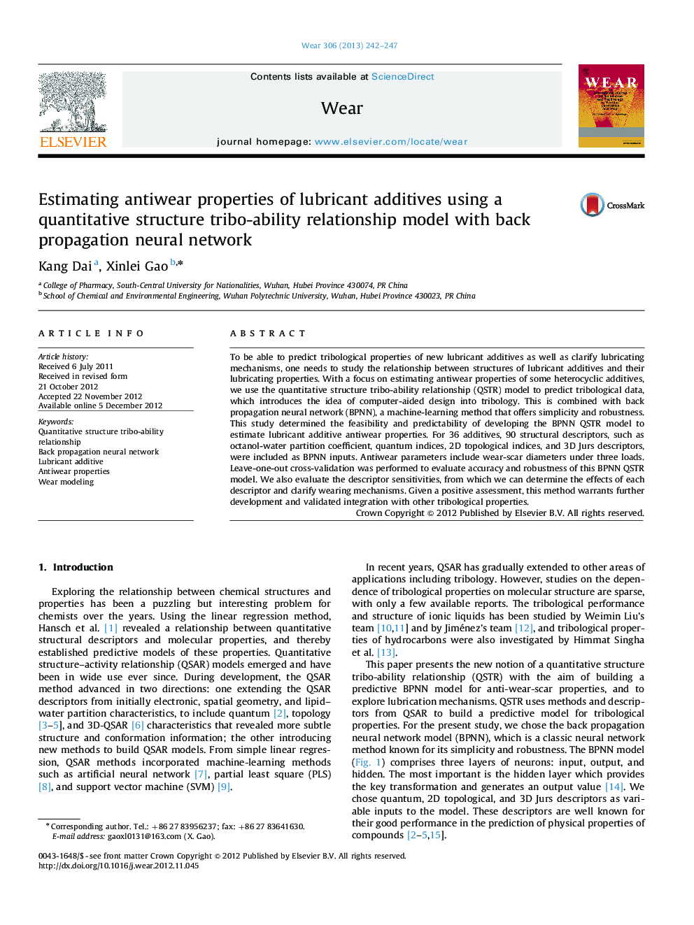 Estimating antiwear properties of lubricant additives using a quantitative structure tribo-ability relationship model with back propagation neural network