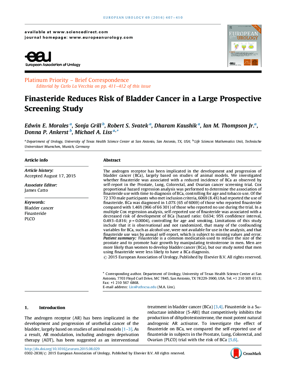 Finasteride Reduces Risk of Bladder Cancer in a Large Prospective Screening Study