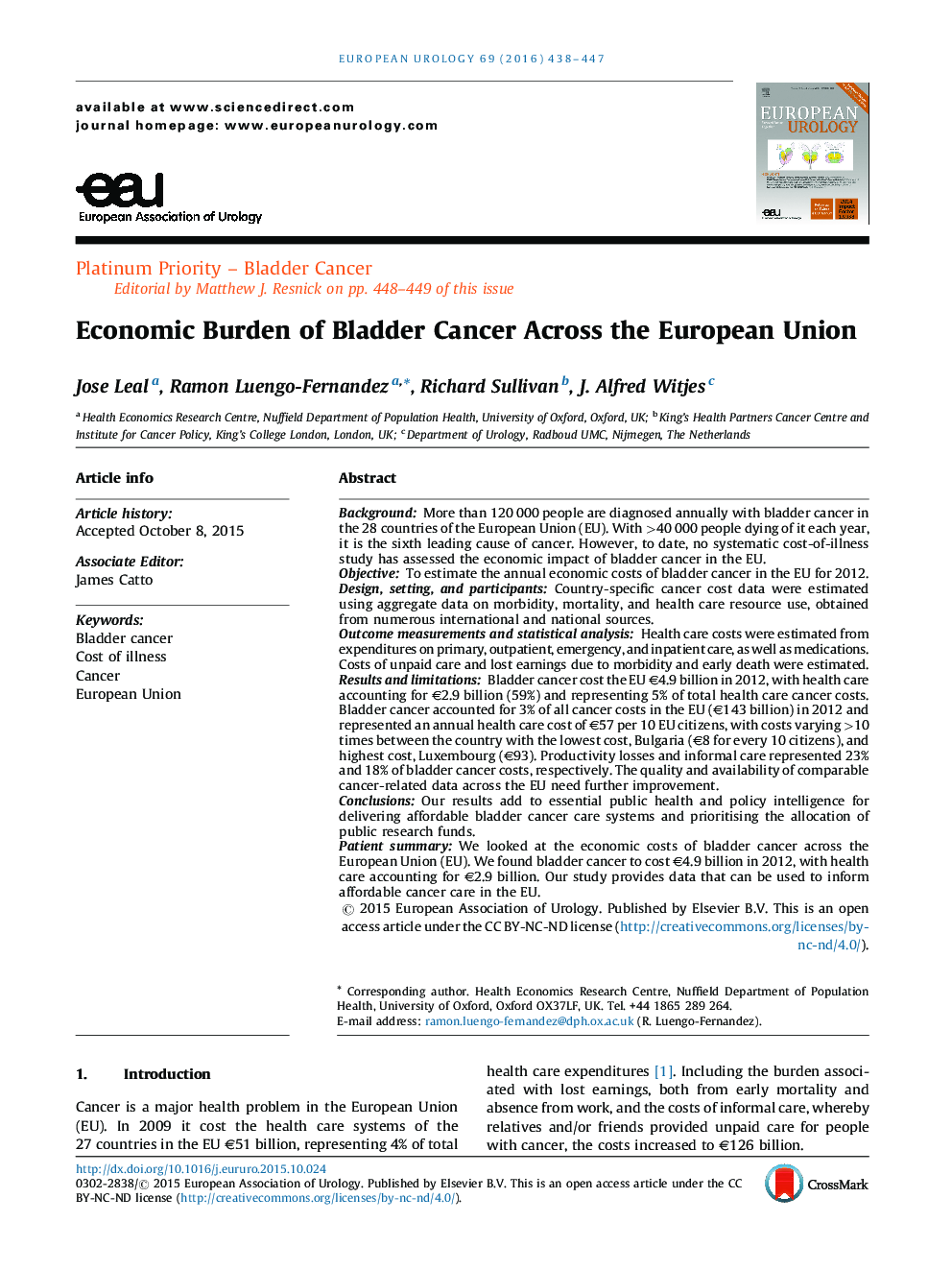 Economic Burden of Bladder Cancer Across the European Union