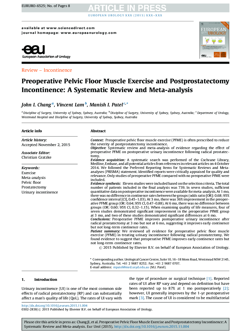 Preoperative Pelvic Floor Muscle Exercise and Postprostatectomy Incontinence: A Systematic Review and Meta-analysis