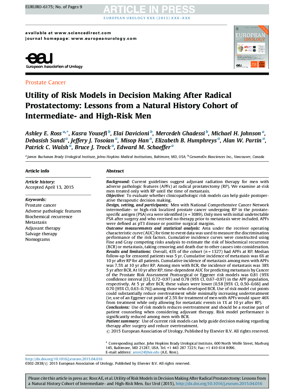 Utility of Risk Models in Decision Making After Radical Prostatectomy: Lessons from a Natural History Cohort of Intermediate- and High-Risk Men