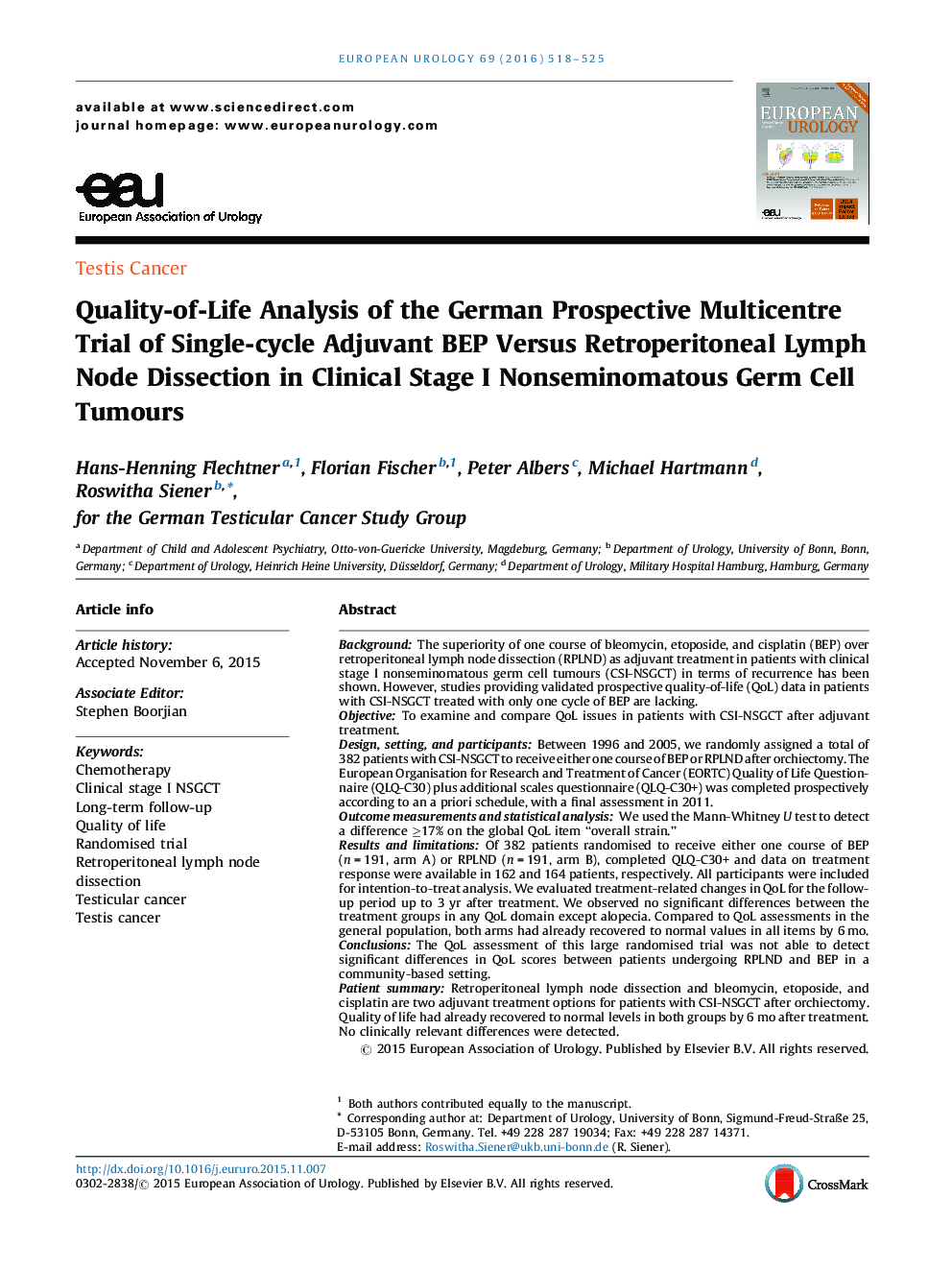 Quality-of-Life Analysis of the German Prospective Multicentre Trial of Single-cycle Adjuvant BEP Versus Retroperitoneal Lymph Node Dissection in Clinical Stage I Nonseminomatous Germ Cell Tumours