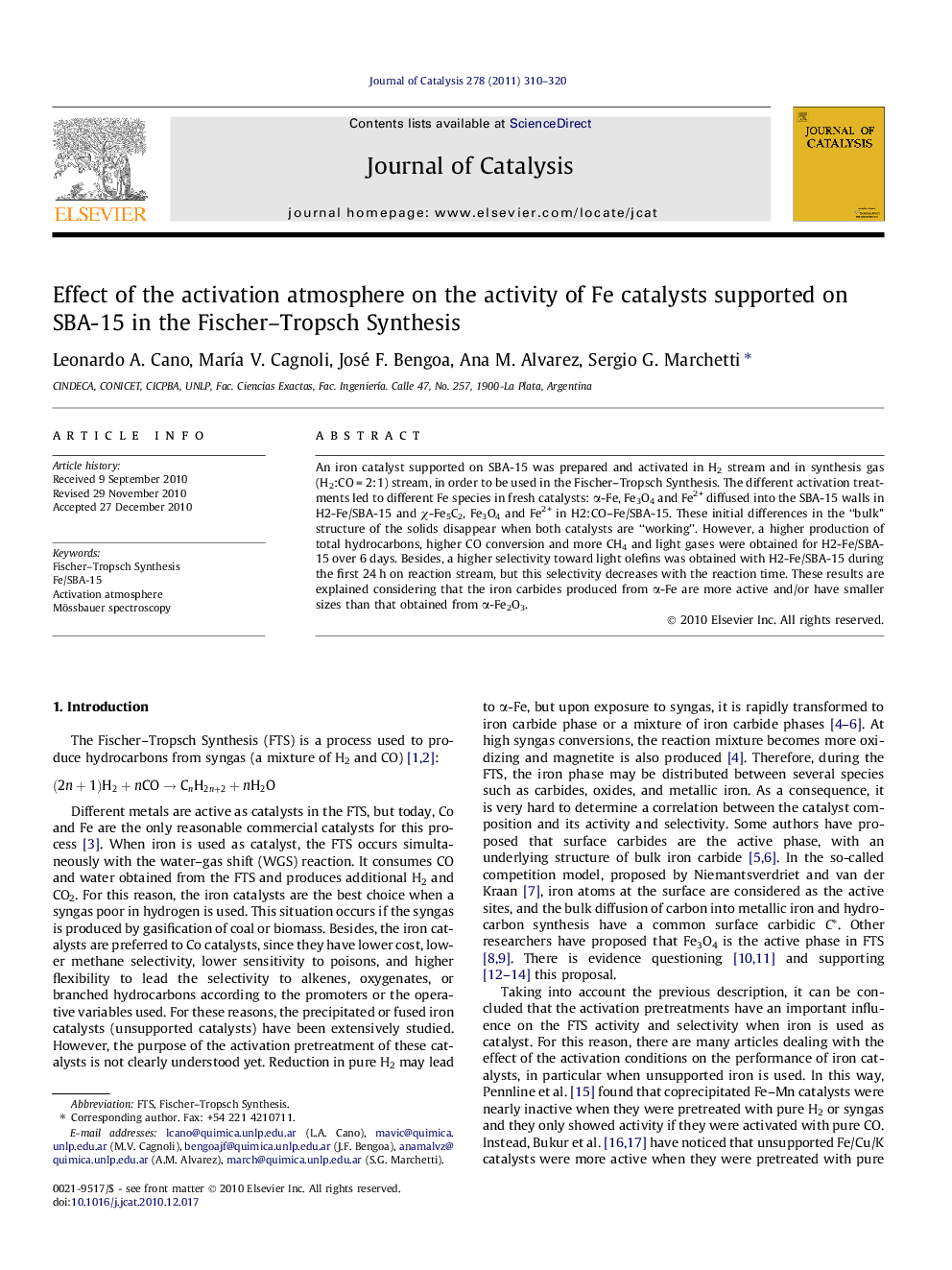 Effect of the activation atmosphere on the activity of Fe catalysts supported on SBA-15 in the Fischer–Tropsch Synthesis
