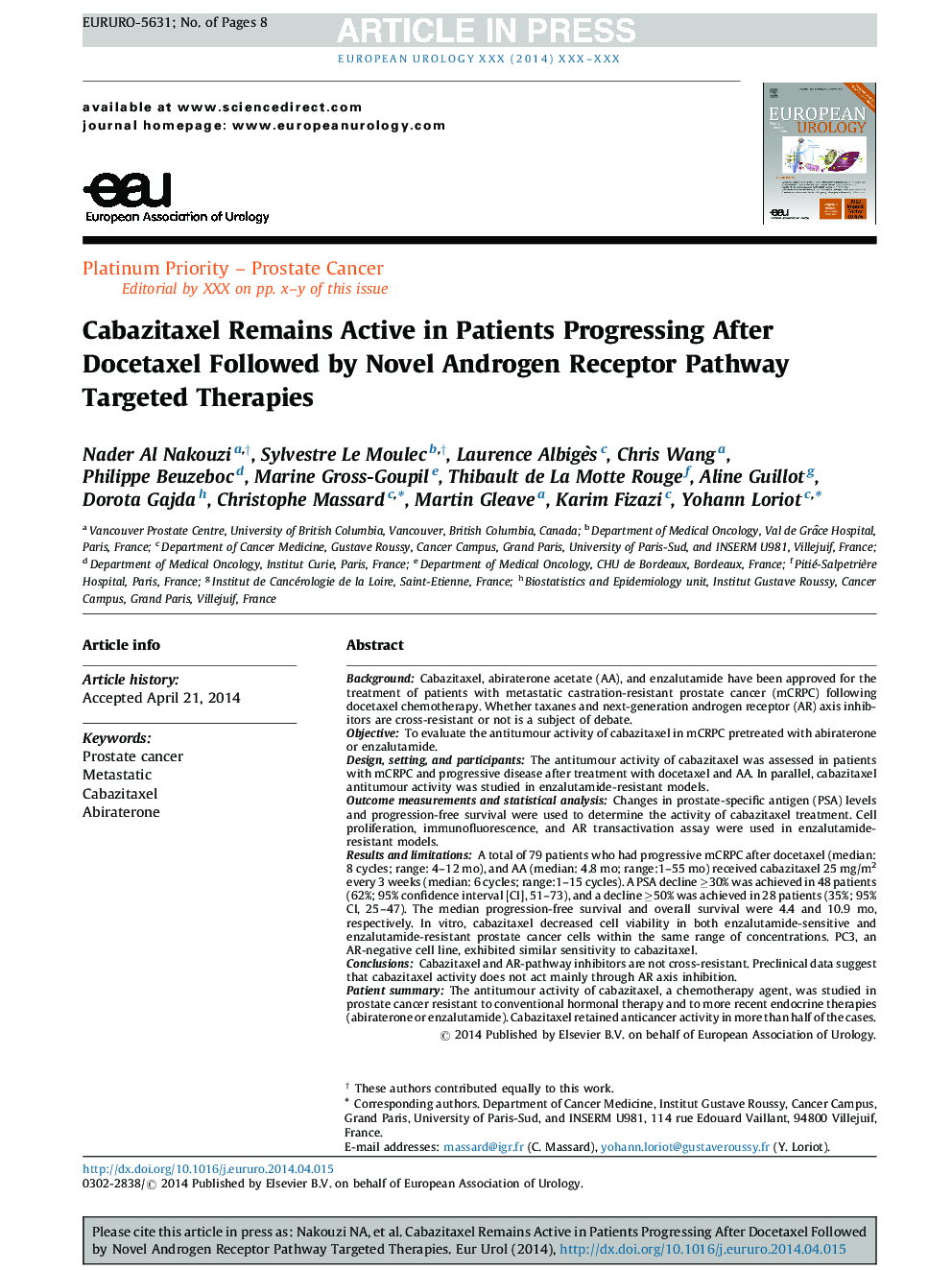 Cabazitaxel Remains Active in Patients Progressing After Docetaxel Followed by Novel Androgen Receptor Pathway Targeted Therapies