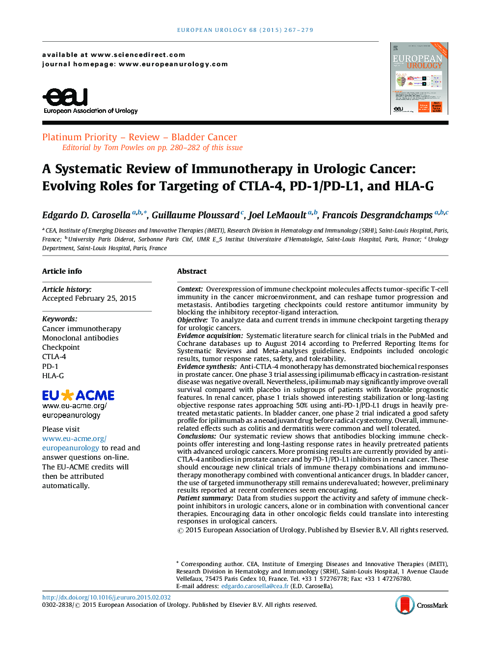 A Systematic Review of Immunotherapy in Urologic Cancer: Evolving Roles for Targeting of CTLA-4, PD-1/PD-L1, and HLA-G