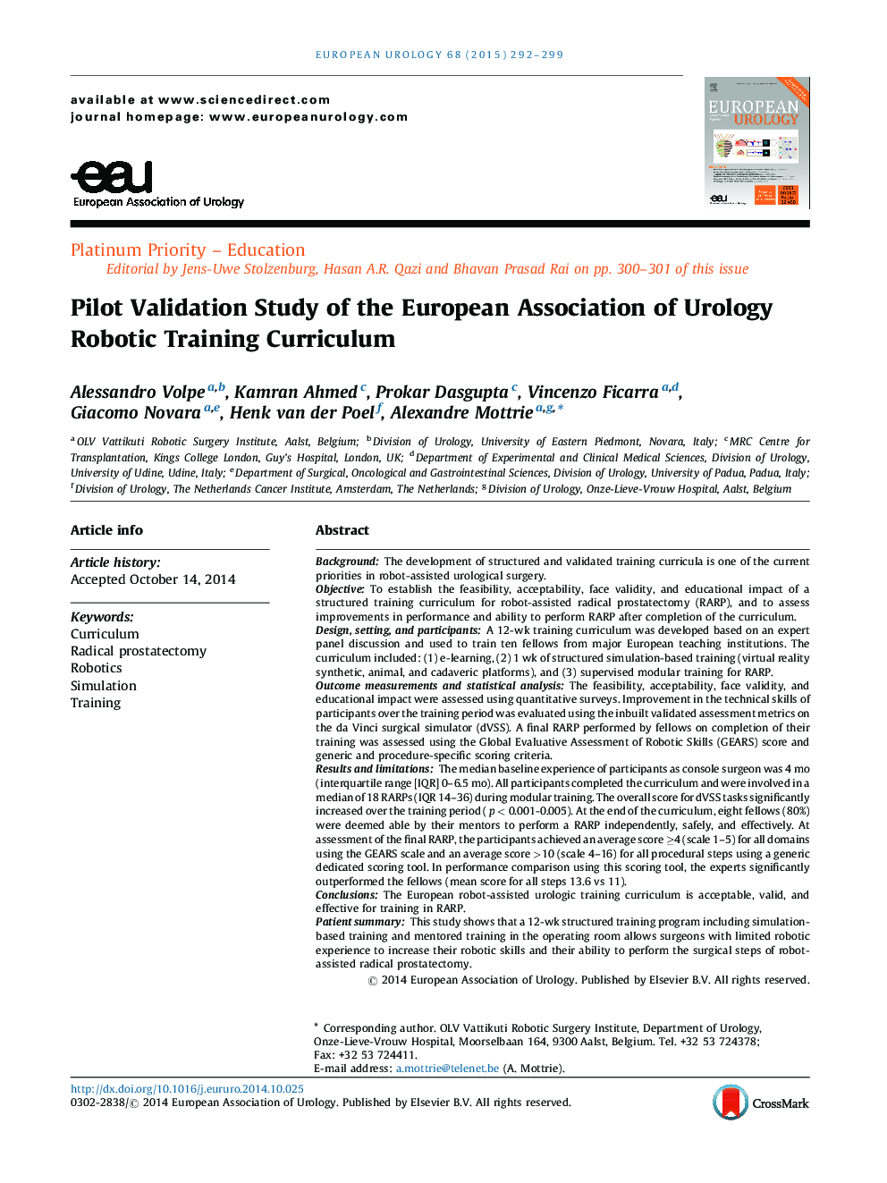 Pilot Validation Study of the European Association of Urology Robotic Training Curriculum