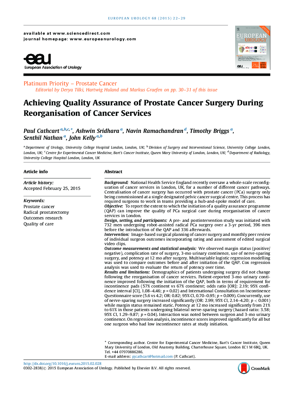 Achieving Quality Assurance of Prostate Cancer Surgery During Reorganisation of Cancer Services