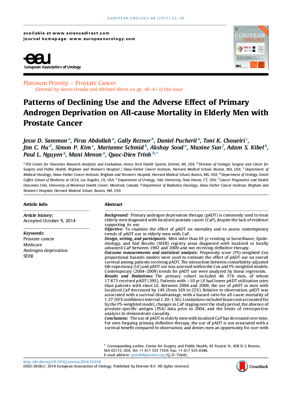 Patterns of Declining Use and the Adverse Effect of Primary Androgen Deprivation on All-cause Mortality in Elderly Men with Prostate Cancer