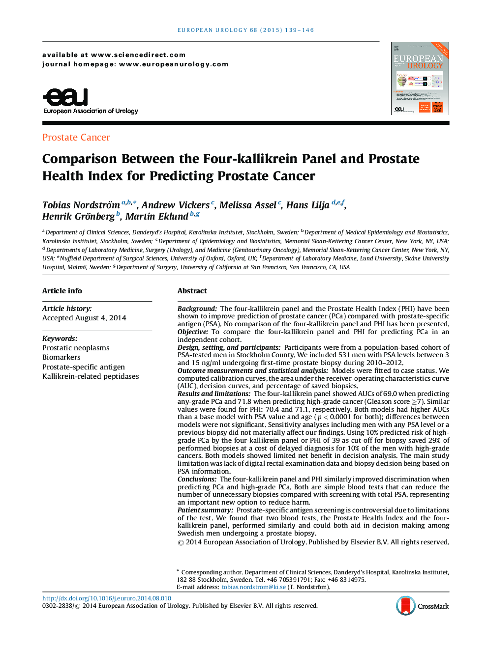 Comparison Between the Four-kallikrein Panel and Prostate Health Index for Predicting Prostate Cancer