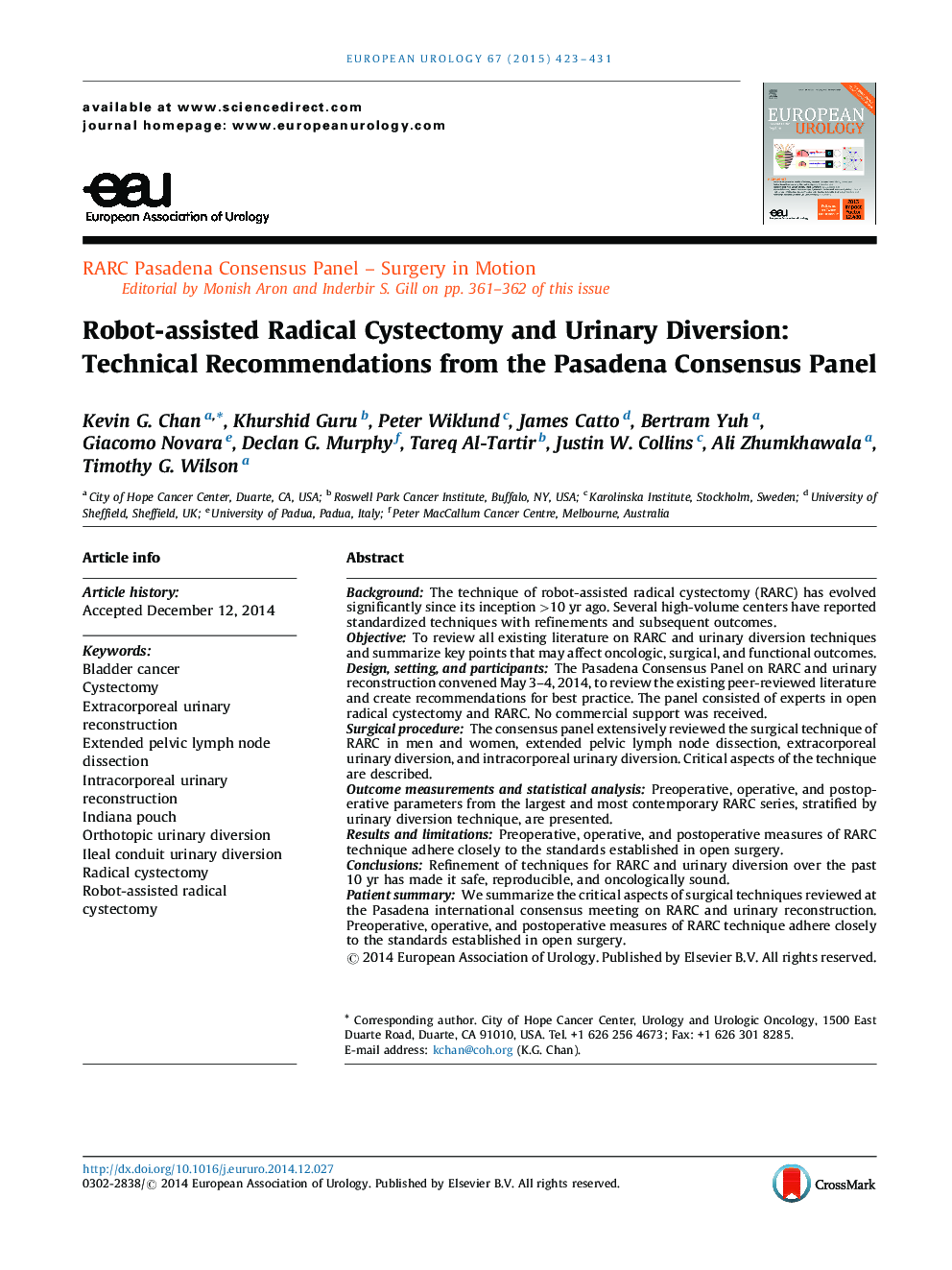 Robot-assisted Radical Cystectomy and Urinary Diversion: Technical Recommendations from the Pasadena Consensus Panel