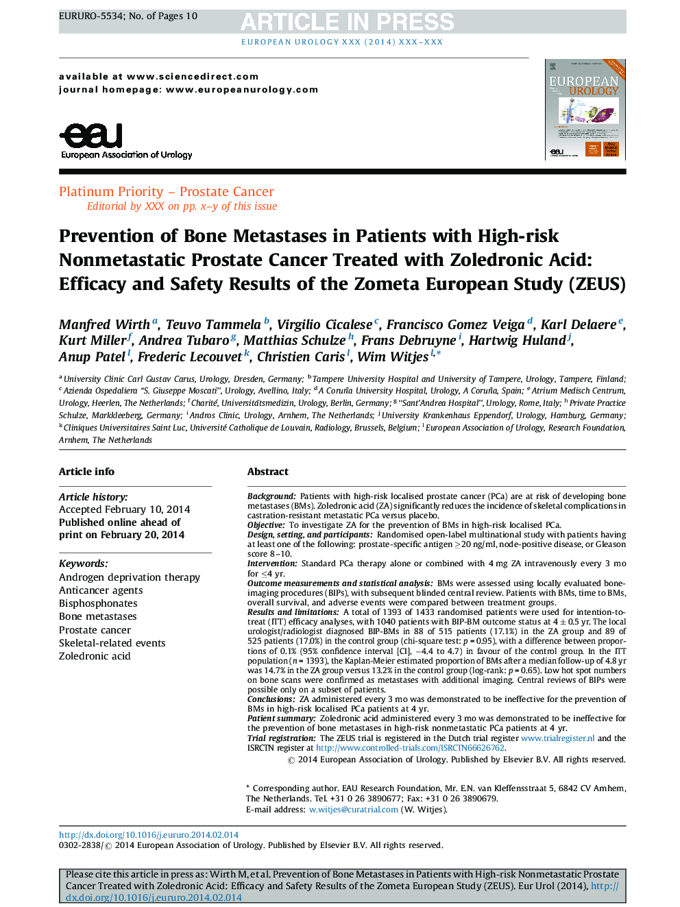 Prevention of Bone Metastases in Patients with High-risk Nonmetastatic Prostate Cancer Treated with Zoledronic Acid: Efficacy and Safety Results of the Zometa European Study (ZEUS)