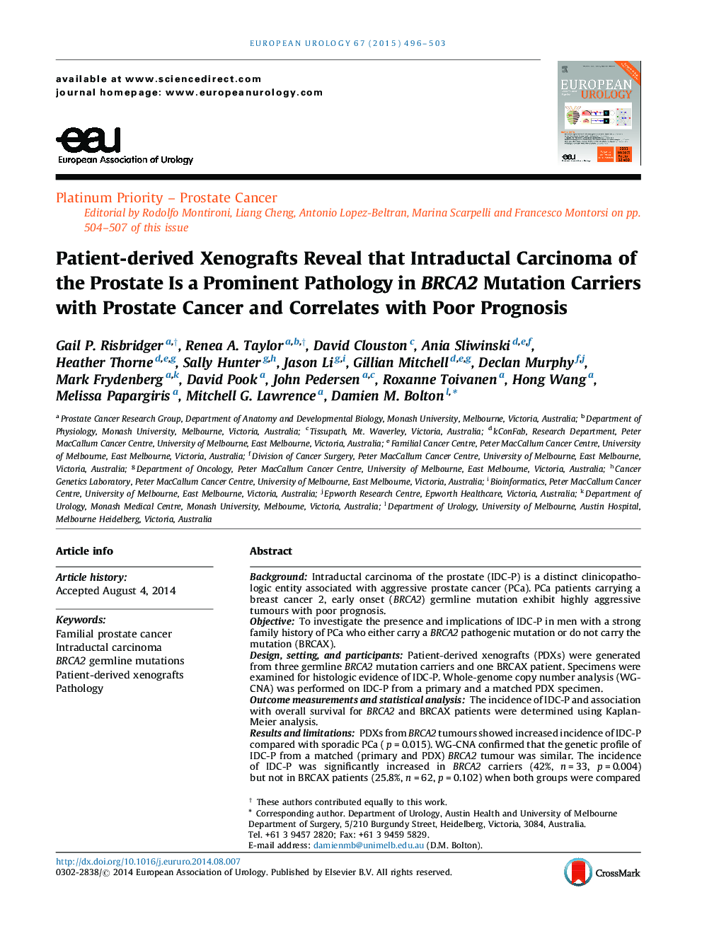 Patient-derived Xenografts Reveal that Intraductal Carcinoma of the Prostate Is a Prominent Pathology in BRCA2 Mutation Carriers with Prostate Cancer and Correlates with Poor Prognosis