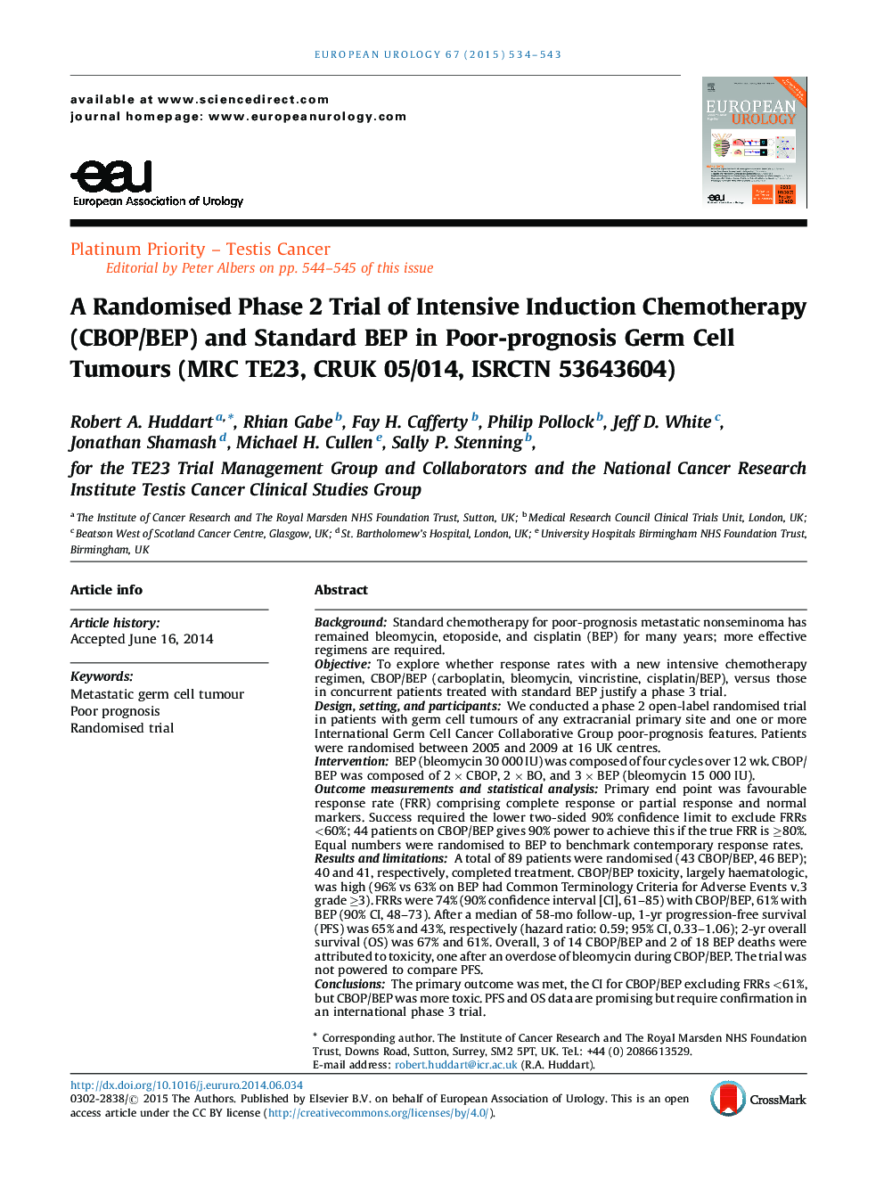 A Randomised Phase 2 Trial of Intensive Induction Chemotherapy (CBOP/BEP) and Standard BEP in Poor-prognosis Germ Cell Tumours (MRC TE23, CRUK 05/014, ISRCTN 53643604)