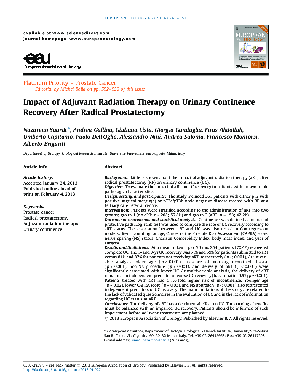 Impact of Adjuvant Radiation Therapy on Urinary Continence Recovery After Radical Prostatectomy