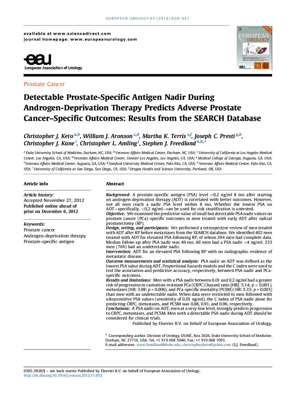 Detectable Prostate-Specific Antigen Nadir During Androgen-Deprivation Therapy Predicts Adverse Prostate Cancer-Specific Outcomes: Results from the SEARCH Database