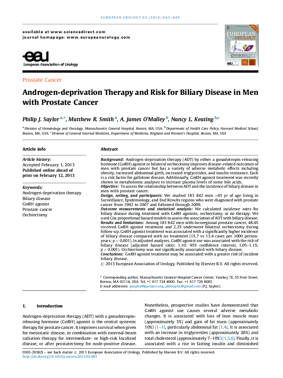 Androgen-deprivation Therapy and Risk for Biliary Disease in Men with Prostate Cancer