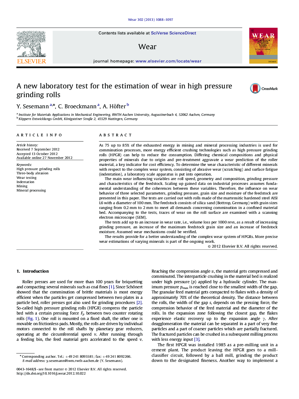 A new laboratory test for the estimation of wear in high pressure grinding rolls