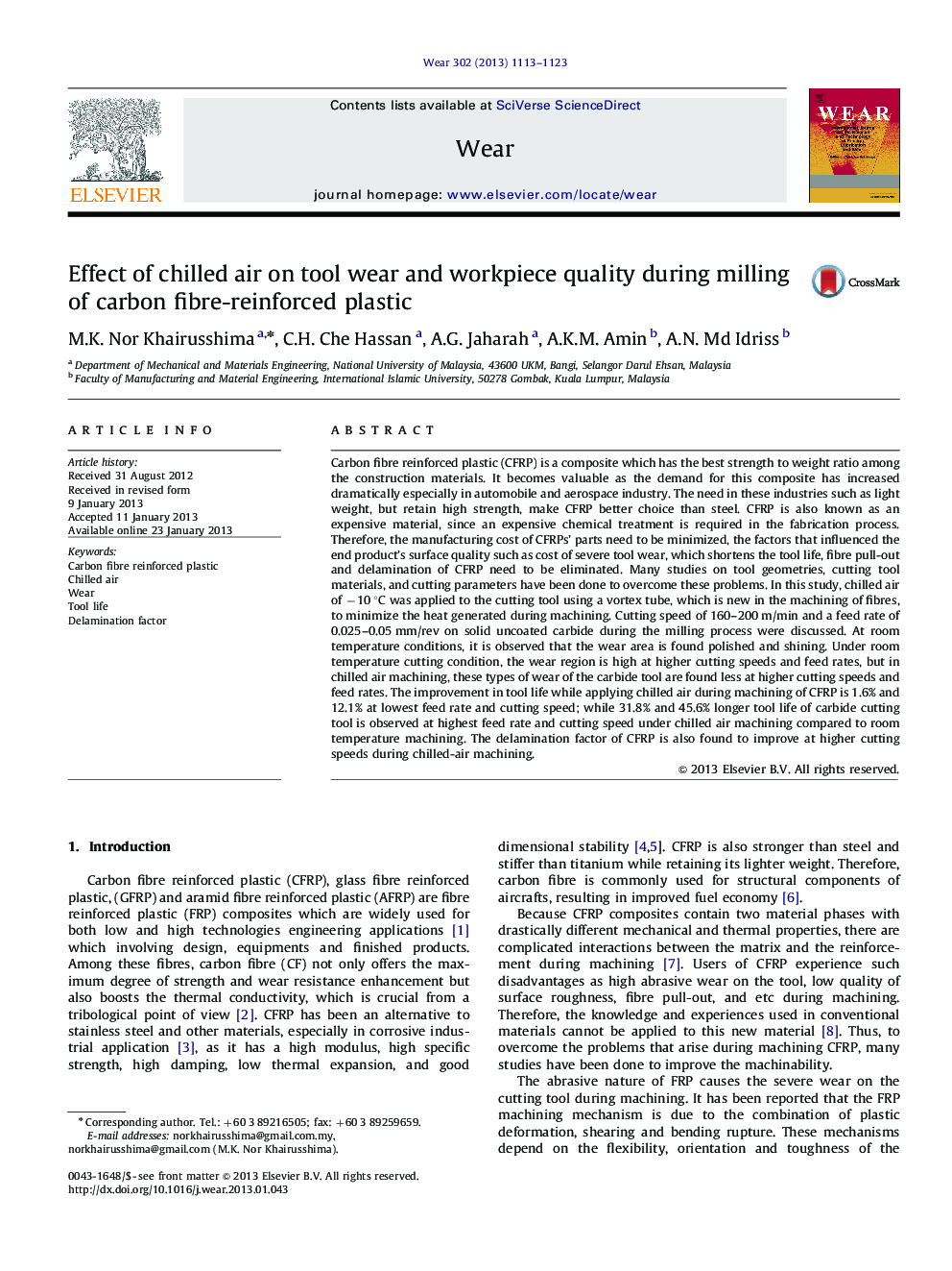 Effect of chilled air on tool wear and workpiece quality during milling of carbon fibre-reinforced plastic