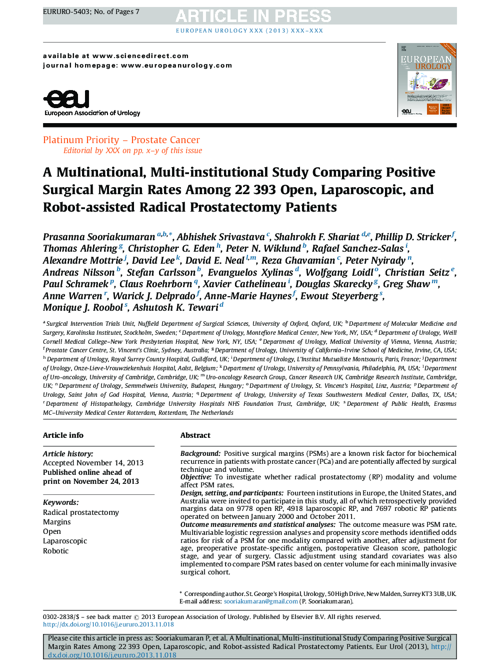 A Multinational, Multi-institutional Study Comparing Positive Surgical Margin Rates Among 22Â 393 Open, Laparoscopic, and Robot-assisted Radical Prostatectomy Patients