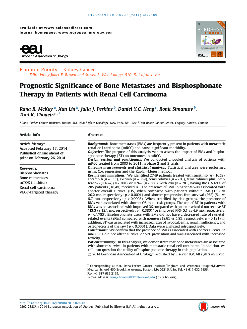 Prognostic Significance of Bone Metastases and Bisphosphonate Therapy in Patients with Renal Cell Carcinoma