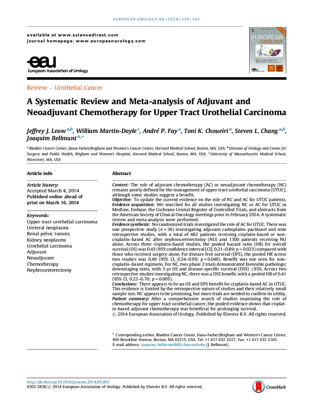 A Systematic Review and Meta-analysis of Adjuvant and Neoadjuvant Chemotherapy for Upper Tract Urothelial Carcinoma