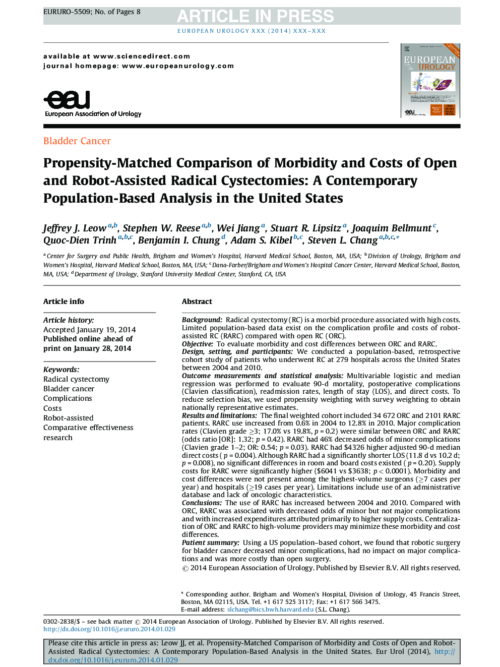 Propensity-Matched Comparison of Morbidity and Costs of Open and Robot-Assisted Radical Cystectomies: A Contemporary Population-Based Analysis in the United States