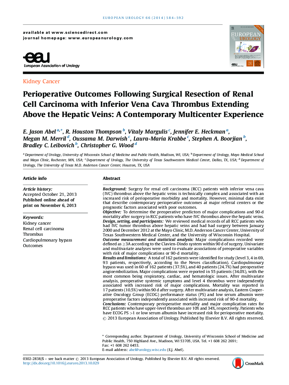 Perioperative Outcomes Following Surgical Resection of Renal Cell Carcinoma with Inferior Vena Cava Thrombus Extending Above the Hepatic Veins: A Contemporary Multicenter Experience