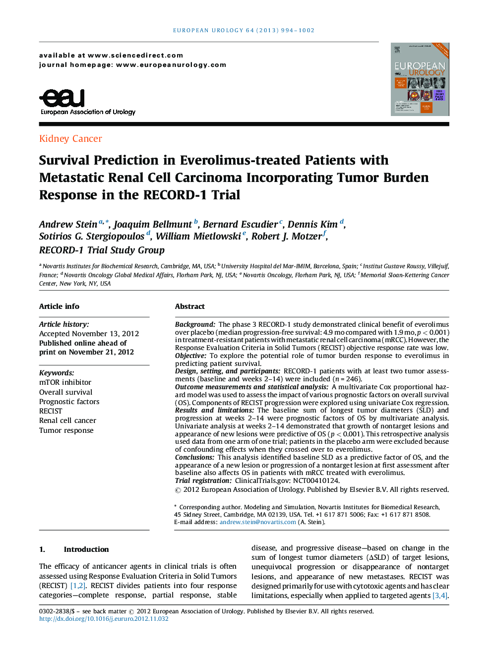 Survival Prediction in Everolimus-treated Patients with Metastatic Renal Cell Carcinoma Incorporating Tumor Burden Response in the RECORD-1 Trial