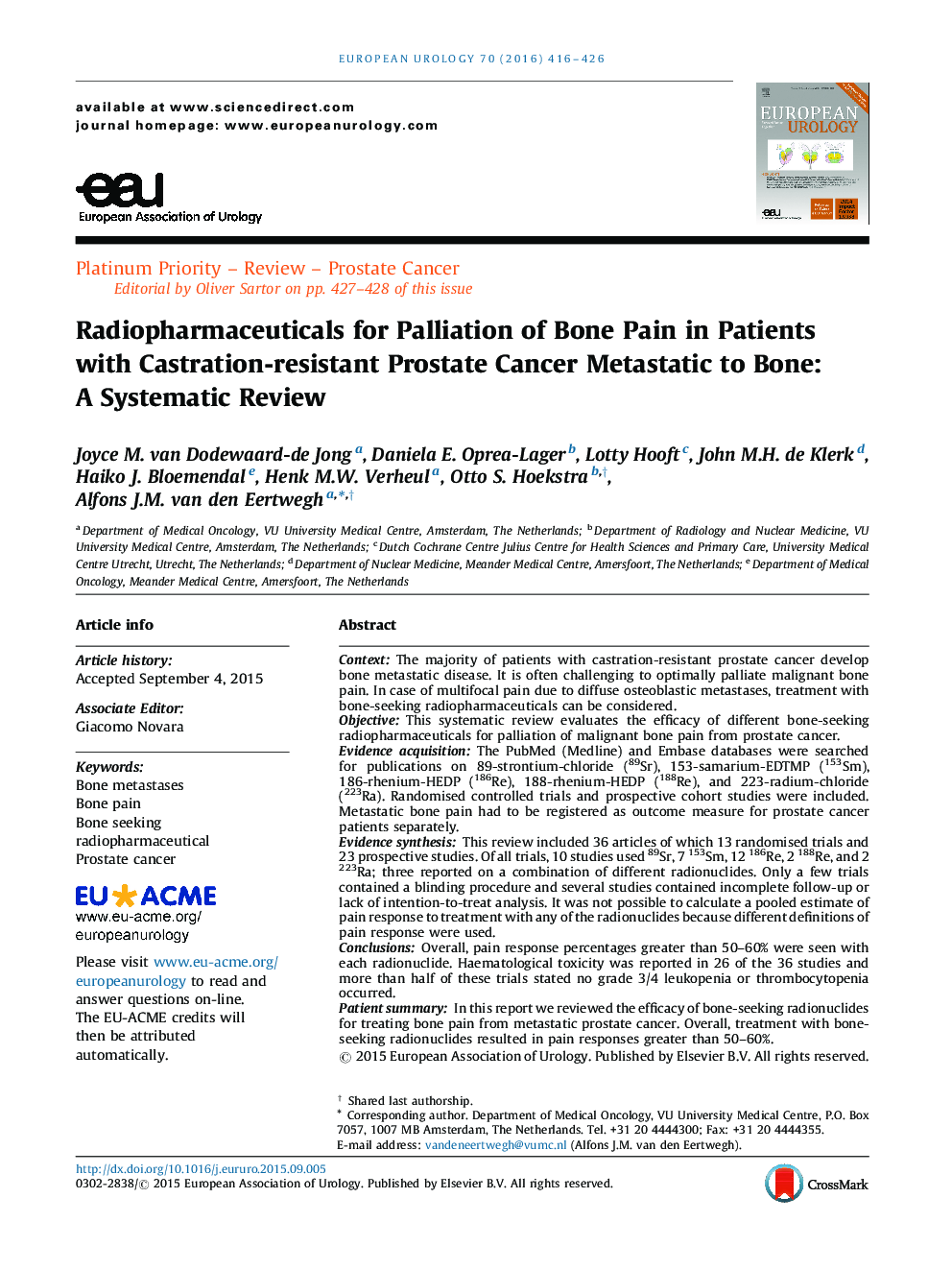 Radiopharmaceuticals for Palliation of Bone Pain in Patients with Castration-resistant Prostate Cancer Metastatic to Bone: A Systematic Review