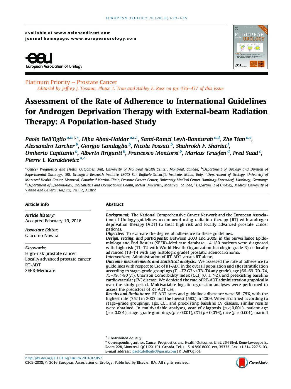 Assessment of the Rate of Adherence to International Guidelines for Androgen Deprivation Therapy with External-beam Radiation Therapy: A Population-based Study