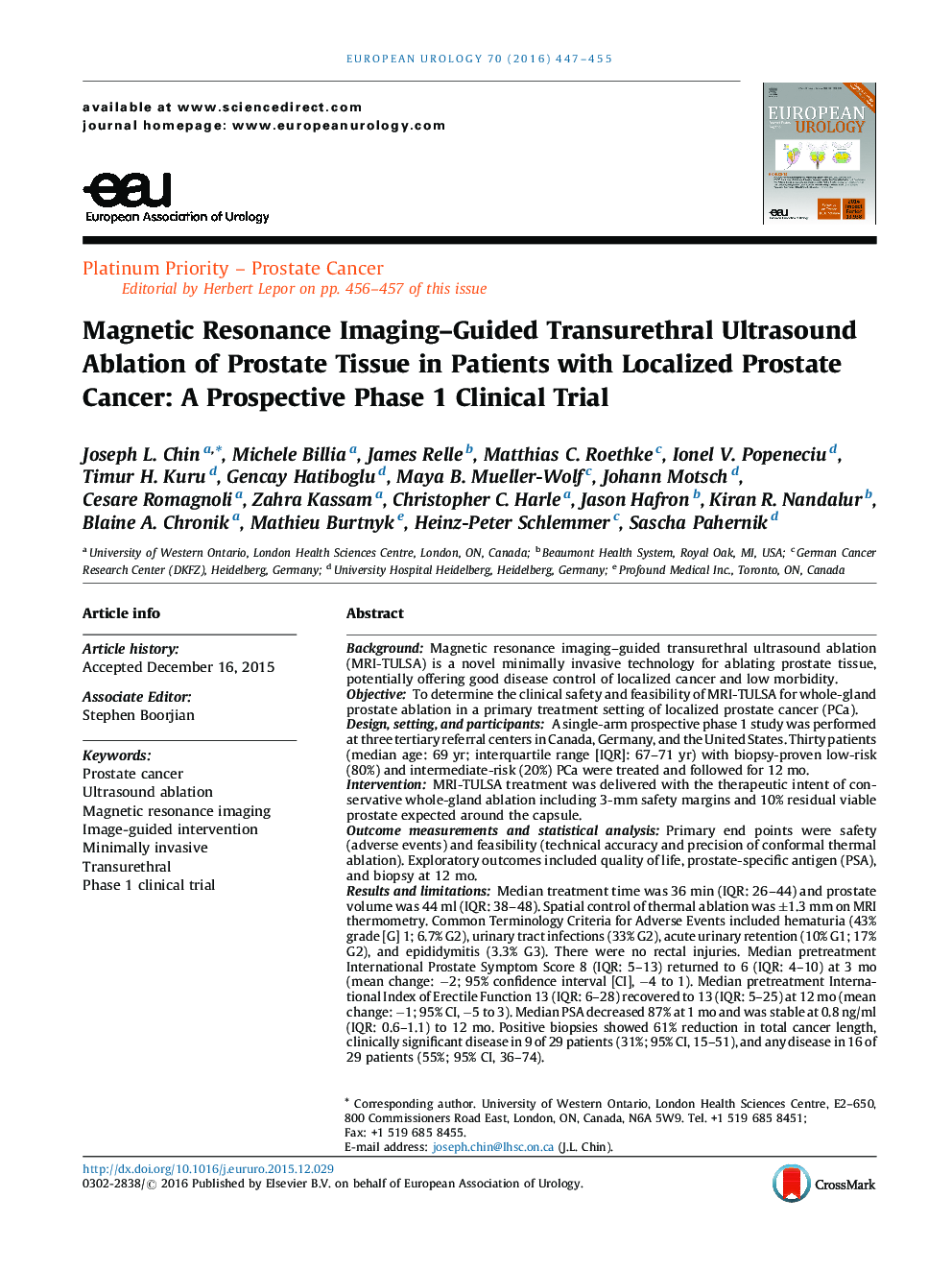 Magnetic Resonance Imaging-Guided Transurethral Ultrasound Ablation of Prostate Tissue in Patients with Localized Prostate Cancer: A Prospective Phase 1 Clinical Trial
