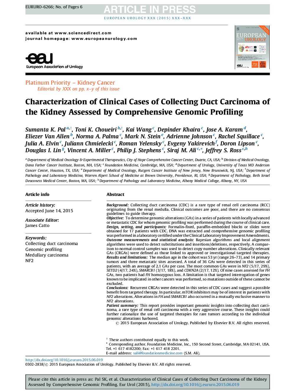 Characterization of Clinical Cases of Collecting Duct Carcinoma of the Kidney Assessed by Comprehensive Genomic Profiling
