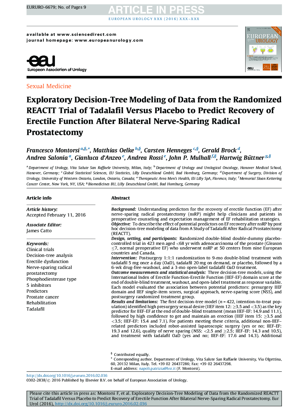 Exploratory Decision-Tree Modeling of Data from the Randomized REACTT Trial of Tadalafil Versus Placebo to Predict Recovery of Erectile Function After Bilateral Nerve-Sparing Radical Prostatectomy