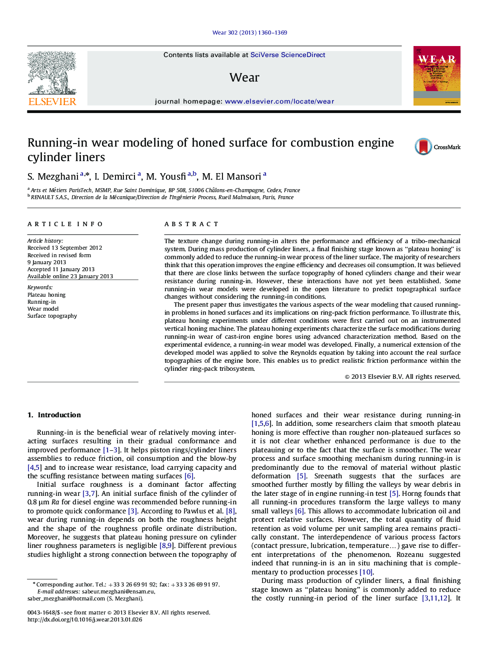 Running-in wear modeling of honed surface for combustion engine cylinderliners