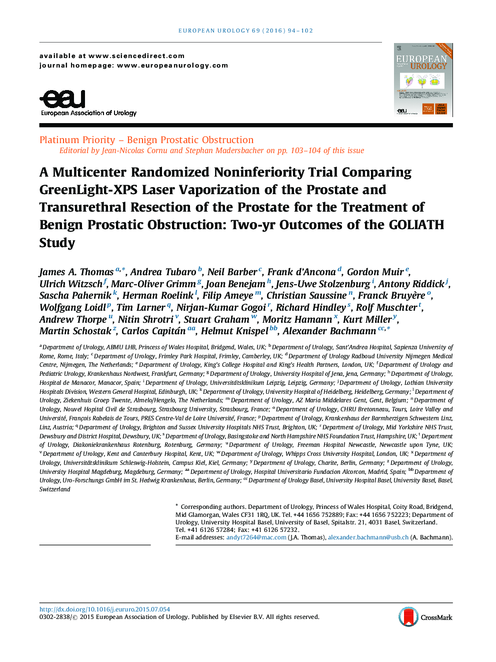 A Multicenter Randomized Noninferiority Trial Comparing GreenLight-XPS Laser Vaporization of the Prostate and Transurethral Resection of the Prostate for the Treatment of Benign Prostatic Obstruction: Two-yr Outcomes of the GOLIATH Study
