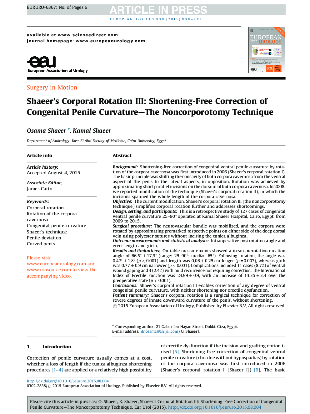 Shaeer's Corporal Rotation III: Shortening-Free Correction of Congenital Penile Curvature-The Noncorporotomy Technique