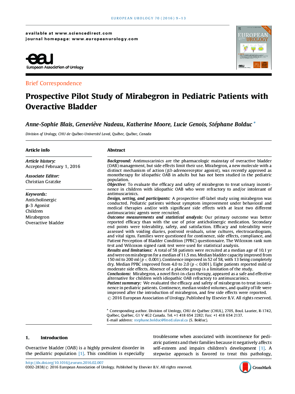 Prospective Pilot Study of Mirabegron in Pediatric Patients with Overactive Bladder