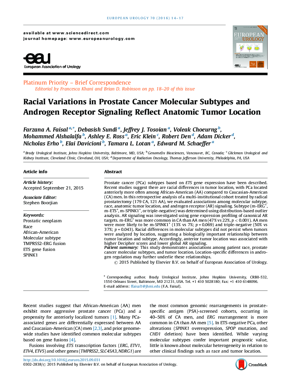 Racial Variations in Prostate Cancer Molecular Subtypes and Androgen Receptor Signaling Reflect Anatomic Tumor Location